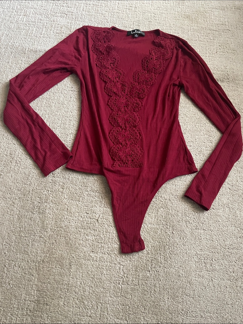 Lulu's Wine Red Lace-Front Long Sleeve Bodysuit
